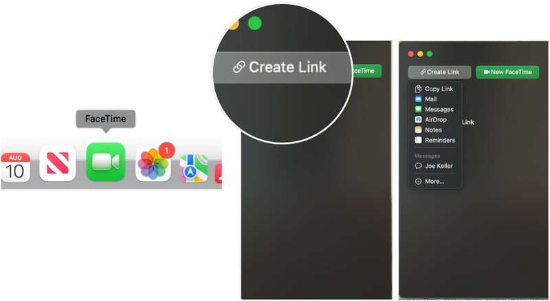 Per invitare un utente non Apple a FaceTime su un Mac, apri l'app FaceTime sul computer, quindi fai clic su Crea collegamento.  Invia il link a chi vuoi utilizzando una delle opzioni presenti nel menu a tendina.