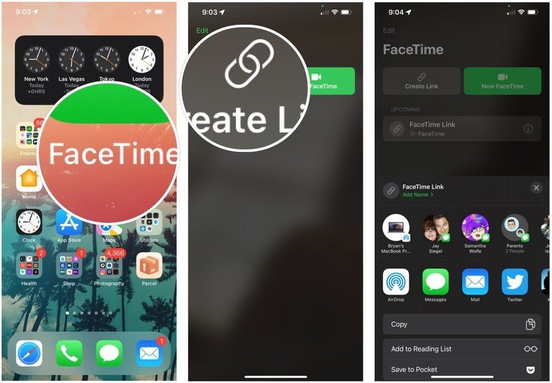 Per invitare un utente non Apple a FaceTime sul tuo iPhone o iPad, apri l'app FaceTime nella schermata iniziale del dispositivo, quindi tocca Crea collegamento.  Invia il link a chi vuoi utilizzando una selezione sul foglio di condivisione.