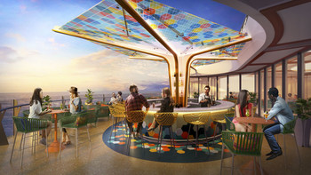 Wonder of the Seas debutterà negli Stati Uniti e in Europa nel 2022. Il nuovo bar a sbalzo, The Vue, offre viste panoramiche sull'oceano dalla parte superiore della terrazza della piscina.  Dopo il tramonto, si illumina con un colorato baldacchino a mosaico in cima.