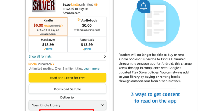 Gli acquisti di libri Amazon Kindle sono vittime della prossima fatturazione di Google Play