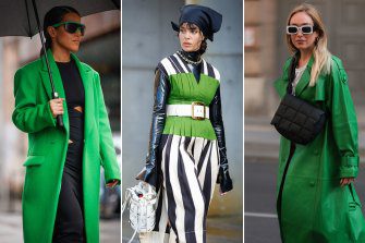 The Green Machine: la stilista Evie Katz all'Australian Fashion Week indossa il suo cappotto Cali oversize;  Fleur Egan alla settimana della moda australiana a Tory Burch;  Sonia Laison indossa un dolce cappotto Londra, Berlino.