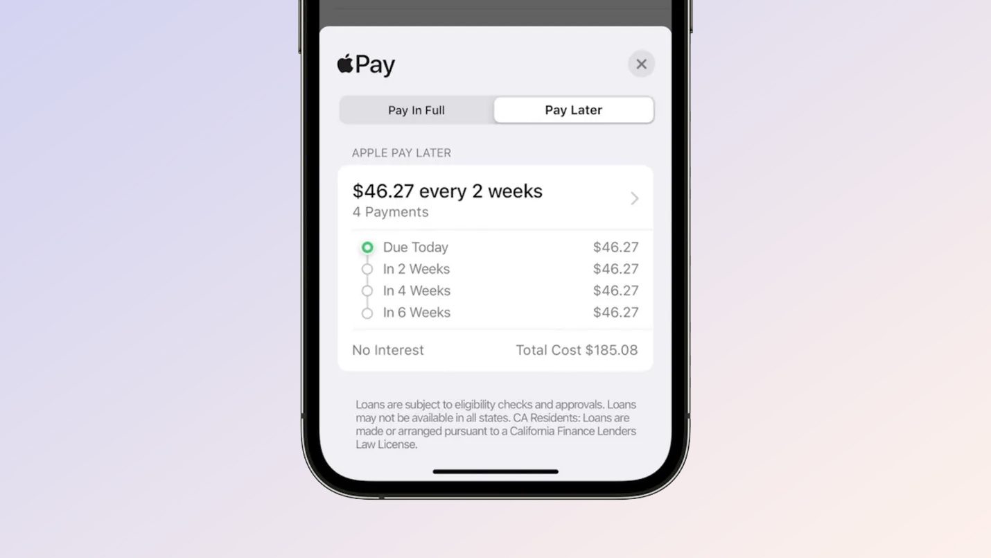Screenshot di Apple Pay Later nell'app Apple Wallet per iOS 16