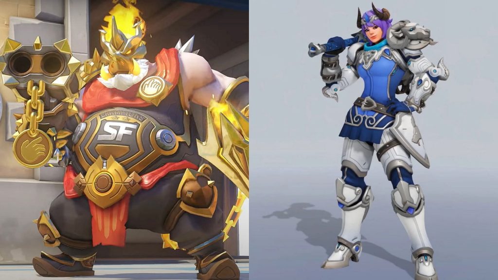 Midas Roadhog and GOAT Brigitte skins included in the Overwatch 2 League shop (Images via Blizzard Entertainment)